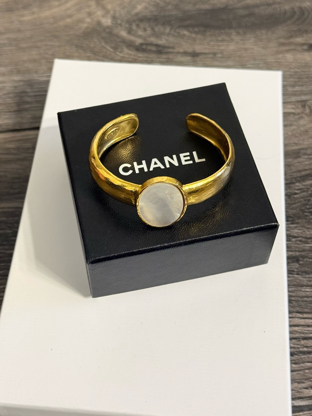 CHANEL Vintage Gold Mother of Pearl CC Cuff Bracelet